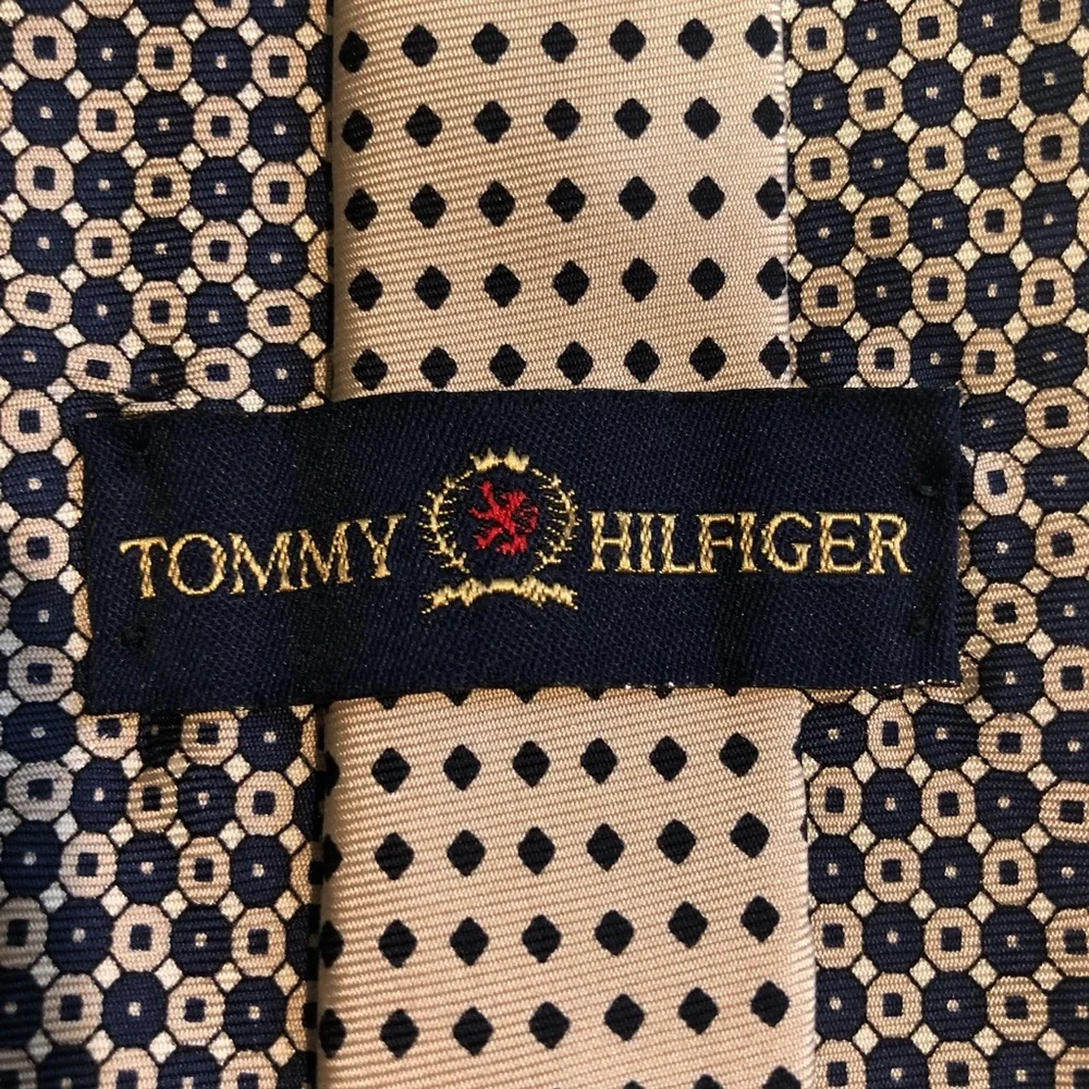 Tommy Hilfiger Silk Tie - Navy Tan Cream Small Octagon Shape Repeat Design